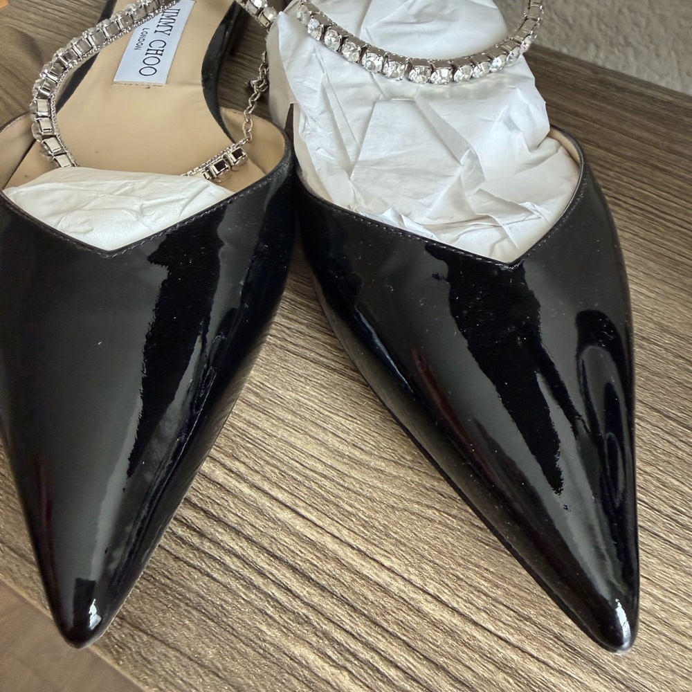 Jimmy Choo Glossy Black Heels with Crystal Strap